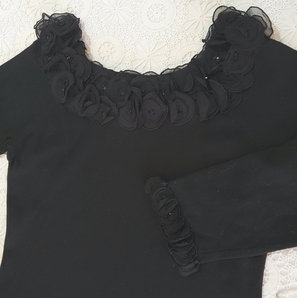Talbots Floral Beaded-Trim Party Top, Black, Sz S